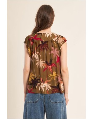 Top fluide imprimé palmiers Molly Bracken, kaki, en ensemble avec la jupe T2210EE- Référence : T2208EE