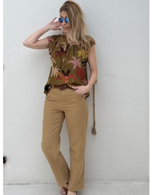 Top fluide imprimé palmiers Molly Bracken, kaki, en ensemble avec la jupe T2210EE- Référence : T2208EE