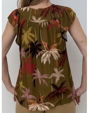 Top fluide imprimé palmiers Molly Bracken, kaki, en ensemble avec la jupe T2210EE- Référence : T2208EE