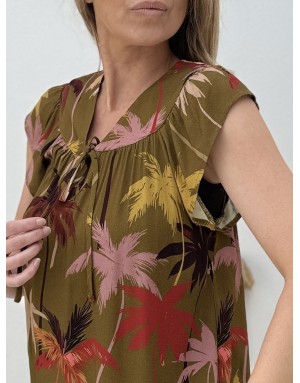 Top fluide imprimé palmiers Molly Bracken, kaki, en ensemble avec la jupe T2210EE- Référence : T2208EE