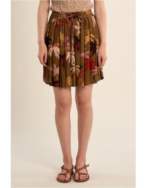 Jupe courte fluide Molly Bracken, taille élastique, imprimé tropical, coloris kaki - Référence T2210EE
