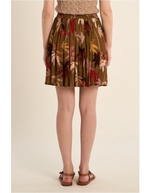 Jupe courte fluide Molly Bracken, taille élastique, imprimé tropical, coloris kaki - Référence T2210EE