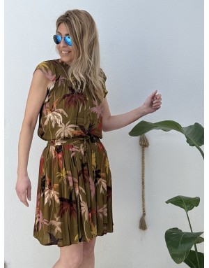 Jupe courte fluide Molly Bracken, taille élastique, imprimé tropical, coloris kaki - Référence T2210EE