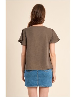 Top fluide texturé kaki Molly Bracken, col v bordé de dentelle, manches papillon- Référence : T2208EE