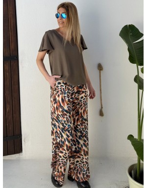 Top fluide texturé kaki Molly Bracken, col v bordé de dentelle, manches papillon- Référence : T2208EE