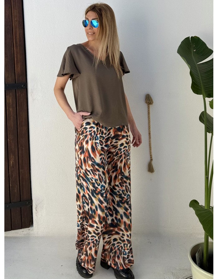 Top fluide texturé kaki Molly Bracken, col v bordé de dentelle, manches papillon- Référence : T2208EE