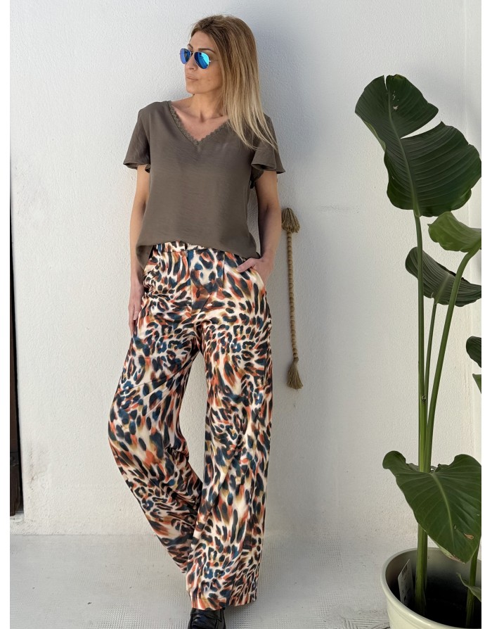 Pantalon droit taille haute Molly Bracken, tissu satiné, imprimé léopard -  Référence P1804EE