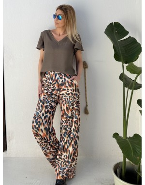 Pantalon droit taille haute Molly Bracken, tissu satiné, imprimé léopard -  Référence P1804EE