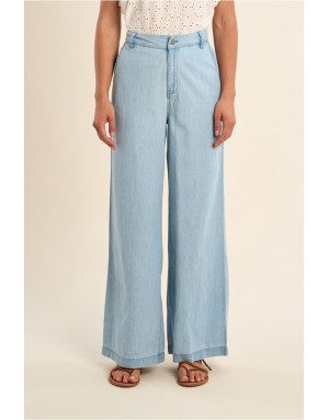 Pantalon wide leg, taille haute, esprit denim délavé, 100% coton - Référence : ZP141BEE