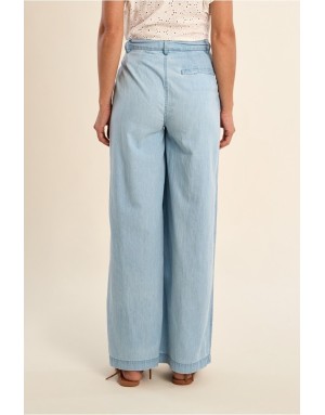 Pantalon wide leg, taille haute, esprit denim délavé, 100% coton - Référence : ZP141BEE