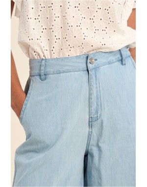 Pantalon wide leg, taille haute, esprit denim délavé, 100% coton - Référence : ZP141BEE