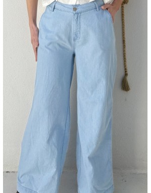 Pantalon wide leg, taille haute, esprit denim délavé, 100% coton - Référence : ZP141BEE