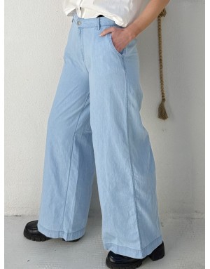 Pantalon wide leg, taille haute, esprit denim délavé, 100% coton - Référence : ZP141BEE