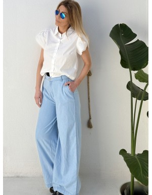 Pantalon wide leg, taille haute, esprit denim délavé, 100% coton - Référence : ZP141BEE
