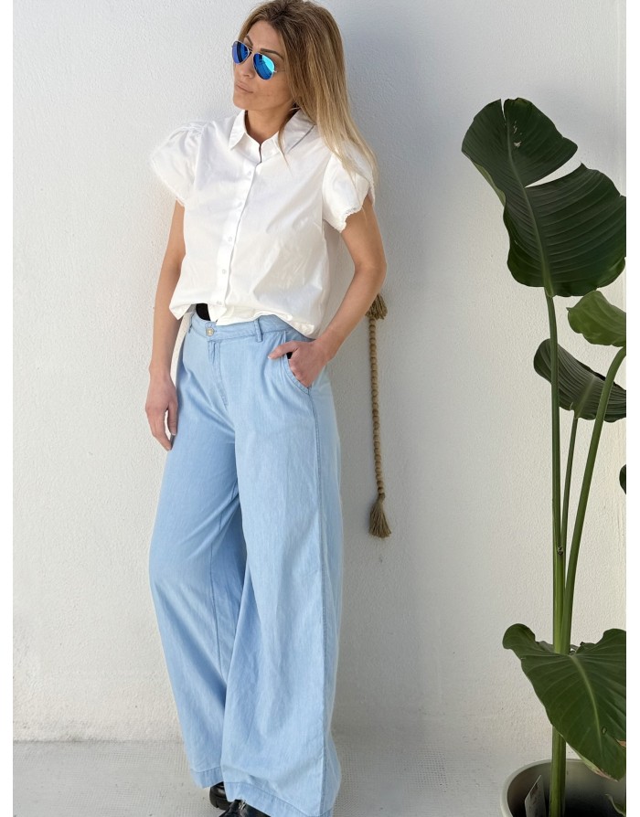 Pantalon wide leg, taille haute, esprit denim délavé, 100% coton - Référence : ZP141BEE