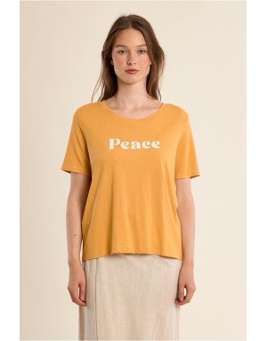 Tee-shirt Molly Bracken lumineux, message PEACE, coloris jaune mangue- Référence : ZT10EE
