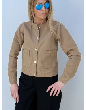 Veste denim kaki féminine, fermeture boutons, poches plaquées, Molly Bracken- Référence : EF1587BEP