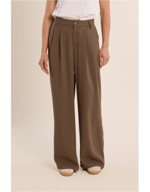 Pantalon tailleur kaki, coupe large et taille haute, 62% viscose - Référence : LA1695EP