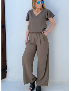 Pantalon tailleur kaki, coupe large et taille haute, 62% viscose - Référence : LA1695EP