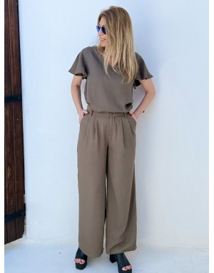 Pantalon tailleur kaki, coupe large et taille haute, 62% viscose - Référence : LA1695EP