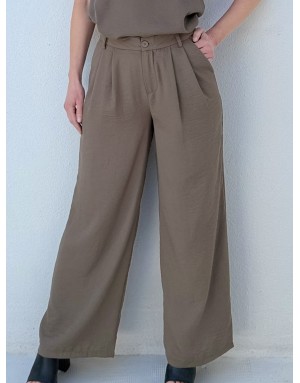 Pantalon tailleur kaki, coupe large et taille haute, 62% viscose - Référence : LA1695EP