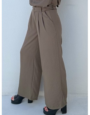 Pantalon tailleur kaki, coupe large et taille haute, 62% viscose - Référence : LA1695EP