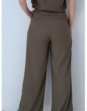 Pantalon tailleur kaki, coupe large et taille haute, 62% viscose - Référence : LA1695EP