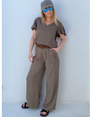 Pantalon tailleur kaki, coupe large et taille haute, 62% viscose - Référence : LA1695EP