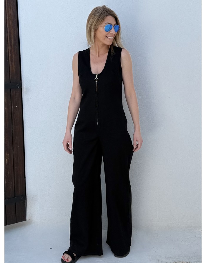 Combinaison pantalon jambes larges, sans manches, zip doré  -  Référence ELR148EP