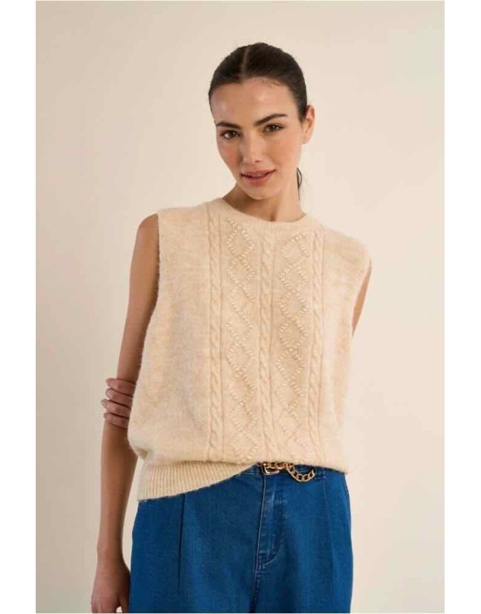 Pull sans manches en maille avec torsades et motifs fantaisie — Référence : LA2046EN