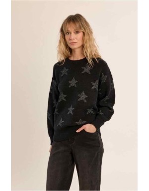 Pull noir profond entièrement parsemé d'étoiles brodées en lurex argenté - Référence : LA855BEN