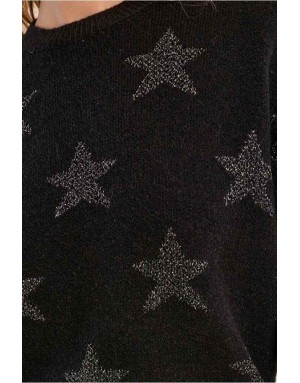 Pull noir profond entièrement parsemé d'étoiles brodées en lurex argenté - Référence : LA855BEN