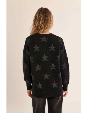 Pull noir profond entièrement parsemé d'étoiles brodées en lurex argenté - Référence : LA855BEN
