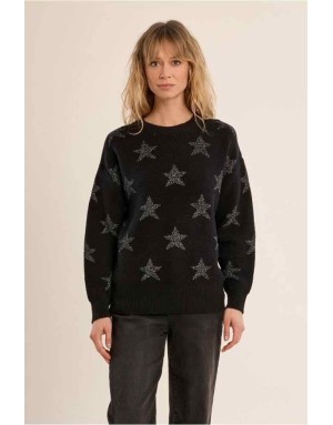 Pull noir profond entièrement parsemé d'étoiles brodées en lurex argenté - Référence : LA855BEN
