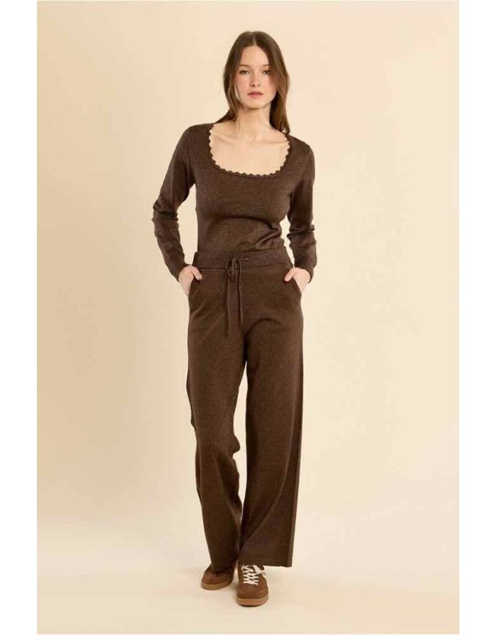 Pantalon jogger large maille lurex LA539EN – Molly Bracken – Chocolat – Collection AH 2026