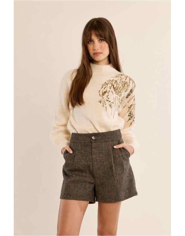 Short taille haute en lainage chiné brun et beige, coupe évasée et aux plis couture — Référence : P1846EH