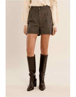 Short taille haute en lainage chiné brun et beige, coupe évasée et aux plis couture — Référence : P1846EH