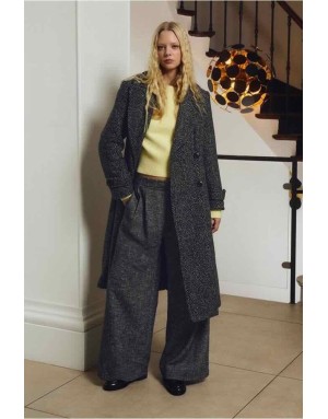 Pantalon large à taille haute, coupe évasée et larges plis devant, chiné noir et blanc esprit tweed - Réf : T1872EH
