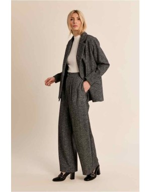 Pantalon large à taille haute, coupe évasée et larges plis devant, chiné noir et blanc esprit tweed - Réf : T1872EH