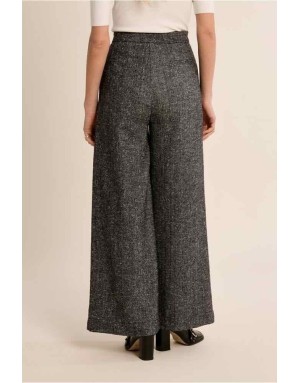 Pantalon large à taille haute, coupe évasée et larges plis devant, chiné noir et blanc esprit tweed - Réf : T1872EH
