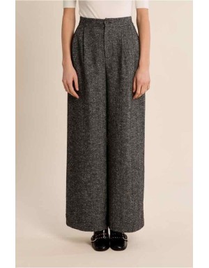 Pantalon large à taille haute, coupe évasée et larges plis devant, chiné noir et blanc esprit tweed - Réf : T1872EH