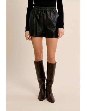 Short similicuir noir à taille haute élastique — Référence : T2275EH