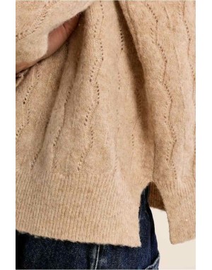 Pull maille ajourée golden beige, rehaussé de fils lurex et de séquins discrets - Référence : T2337EN