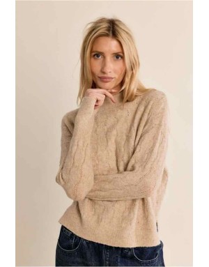 Pull maille ajourée golden beige, rehaussé de fils lurex et de séquins discrets - Référence : T2337EN