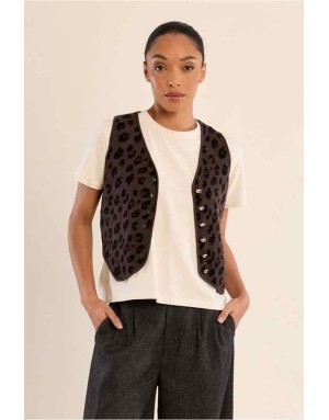 Gilet façon veston en maille imprimée léopard, fermé de boutons dorés  Référence : E1801EN