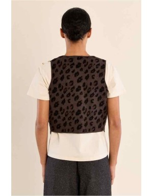 Gilet façon veston en maille imprimée léopard, fermé de boutons dorés  Référence : E1801EN
