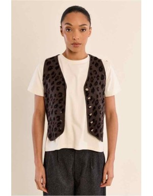 Gilet façon veston en maille imprimée léopard, fermé de boutons dorés  Référence : E1801EN