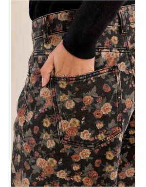 Denim taille haut, coupe évasée, imprimé fleuri automnal , 5 poches classique  Référence : EF1655AEH