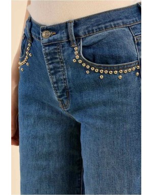 denim large à la coupe boot cut flare, clous argentés sur les poches - Référence : ES191EH