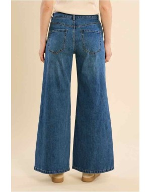 denim large à la coupe boot cut flare, clous argentés sur les poches - Référence : ES191EH